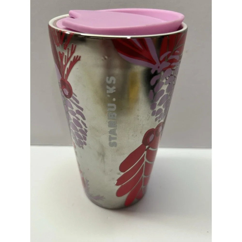 Starbucks 2021 Silver Metallic Botanical Pinecone‎ Ceramic Travel Tumbler 12oz